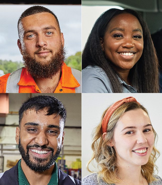 Several diverse team members in a collage.