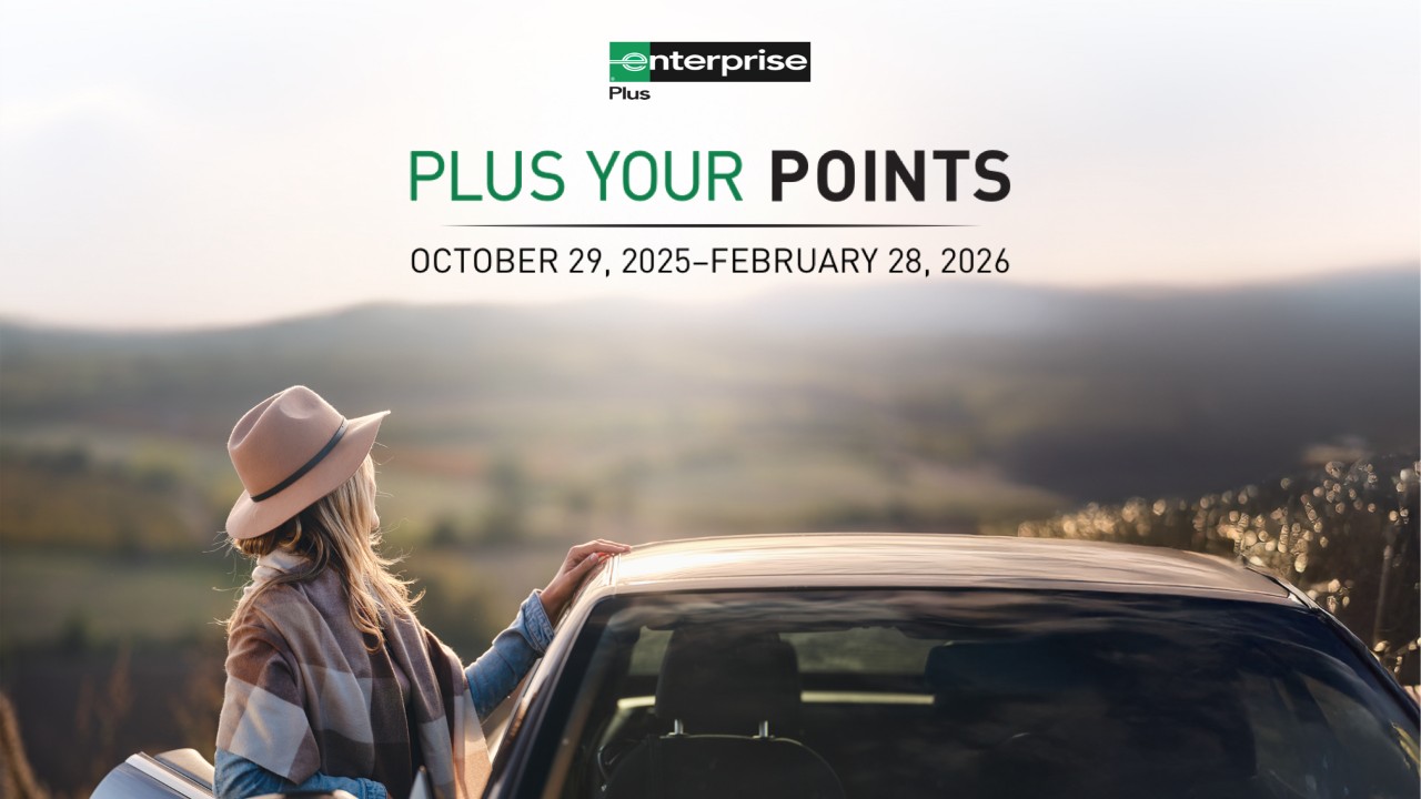 Plus Your Points graphic with a lady wearing a hat and leaning on a car